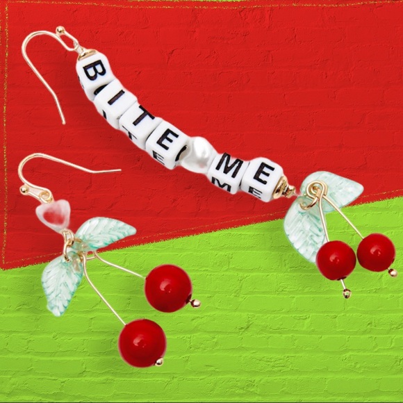 BITE ME BEADS CHERRIES DROP EARRINGS NWT - Picture 3 of 12